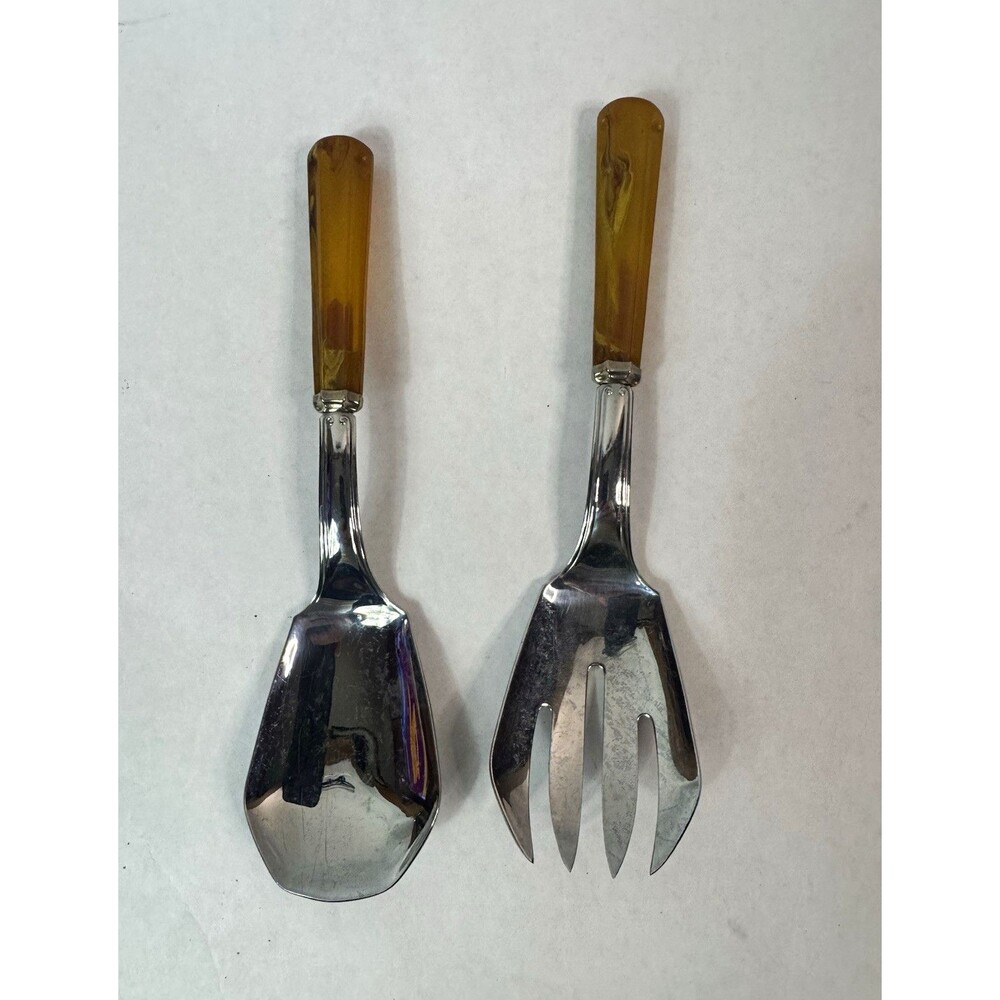 Vintage Faux Tortoiseshell Amber Lucite Salad Serving Fork & Spoon Set